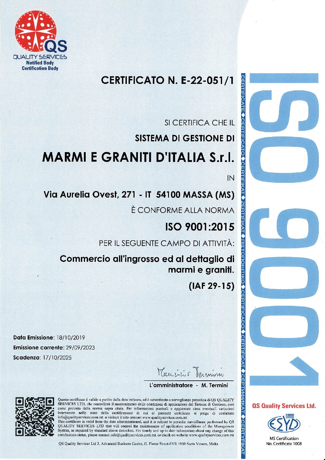 QS CERTIFICATE - MARBLE AND GRANITE OF ITALY 9001 | Mgi Group